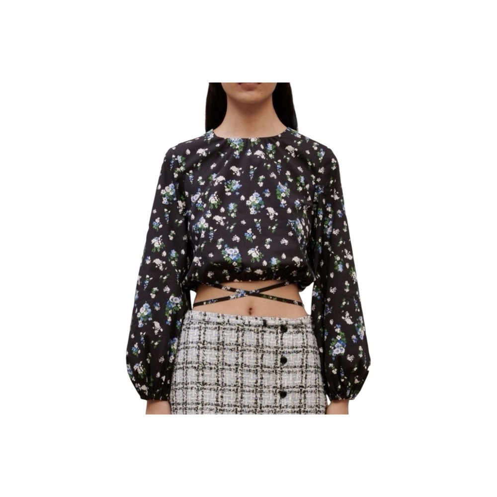 New Maje Lovy Blouse Top Womens Size 2 Floral Cropped Balloon Sleeve MSRP $265